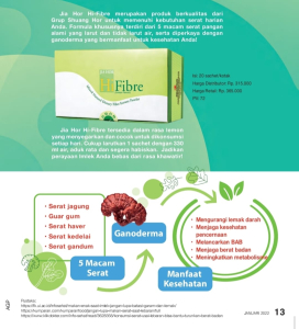 Kelebihan jiahor fiber 1. Produk impor Taiwan 2. Ada tertulis bisa turunkan lemak dalam darah 3. Mengandung Ganoderma 4. Tidak bikin sakit perut (kalau flimty suka sakit perut)
